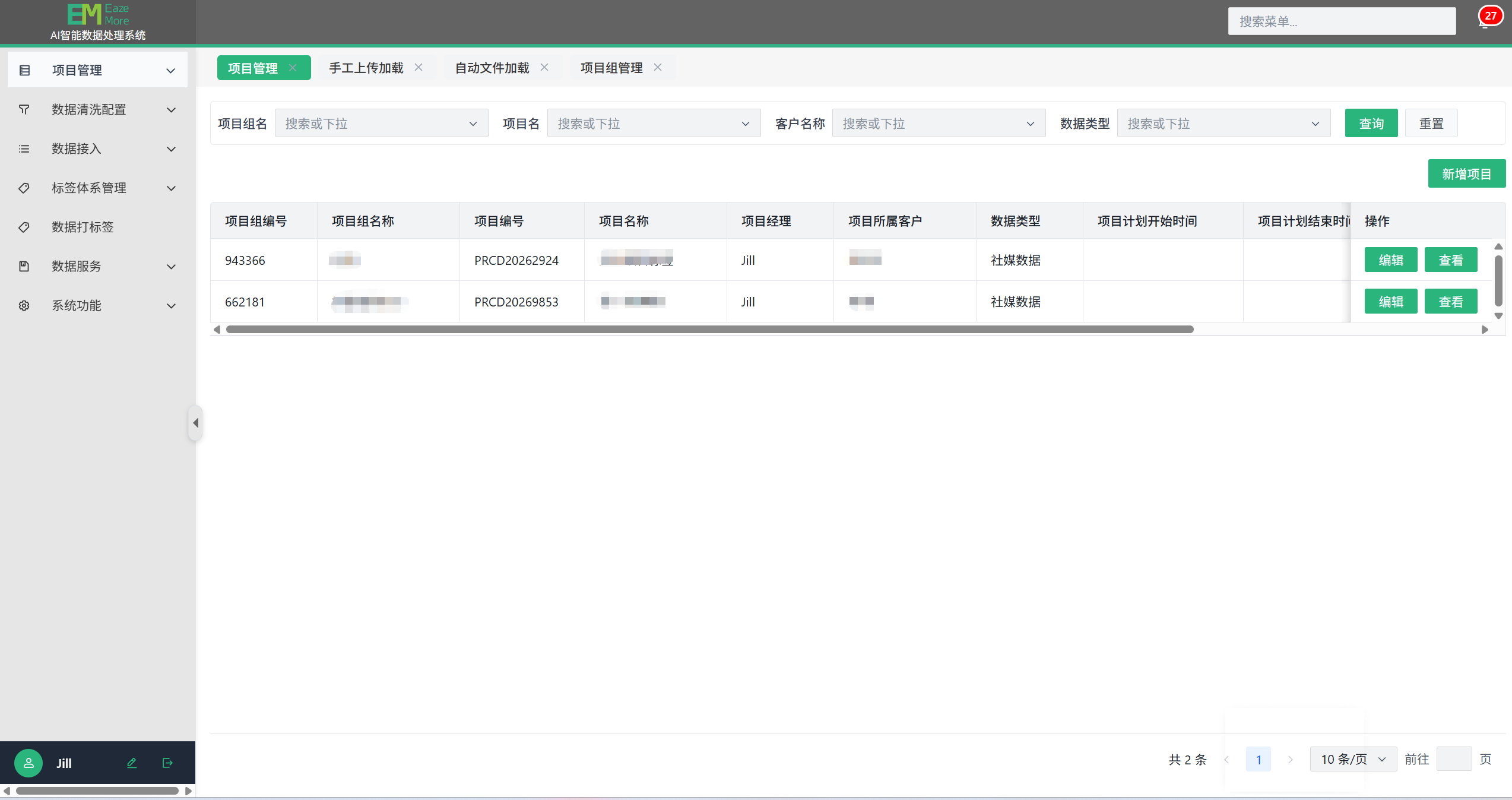 亦知萌 AI 智能数据处理系统项目管理界面